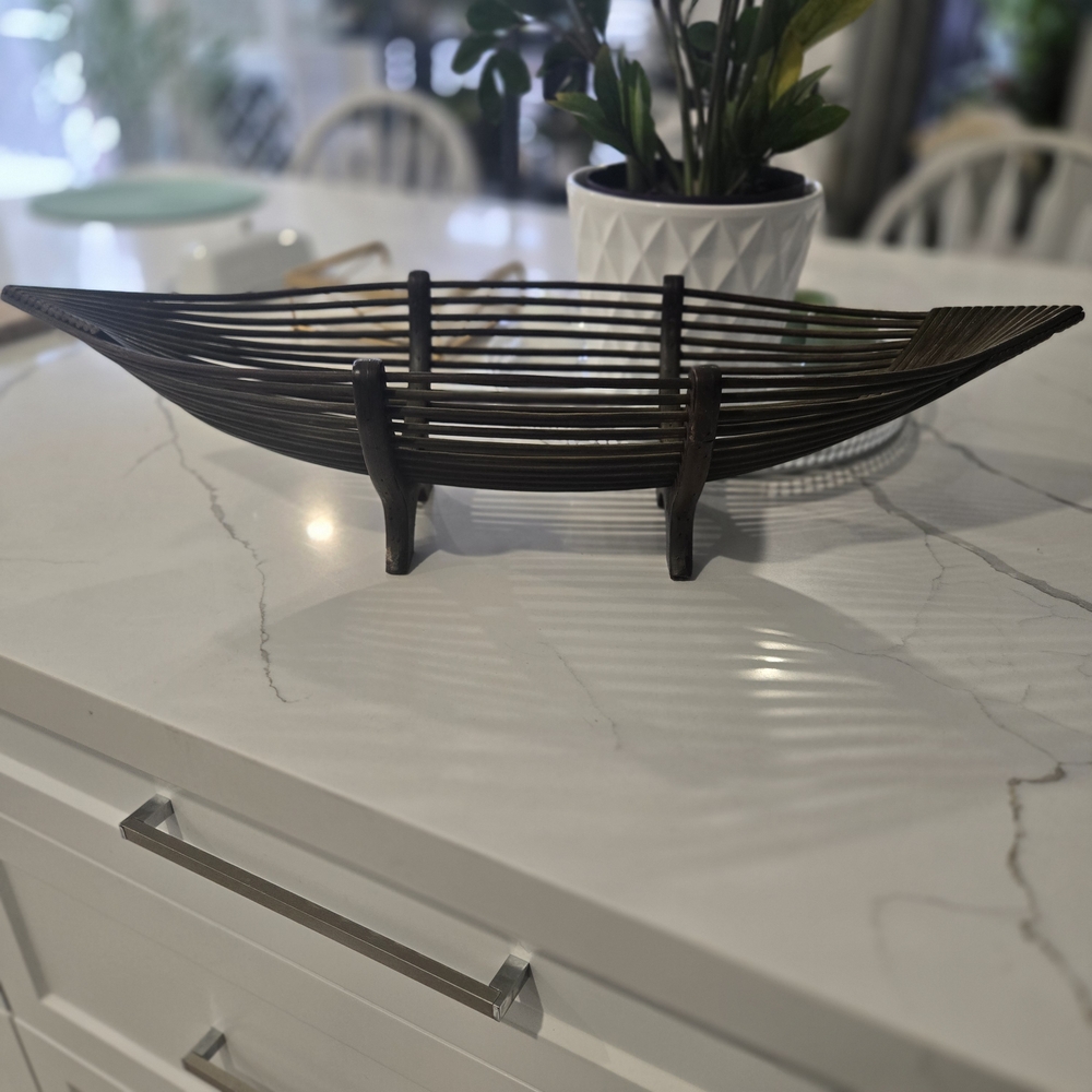 Vintage Pencil Reed & Bamboo Boat-Shaped Bowl | Mid-Century Modern Hand-Woven